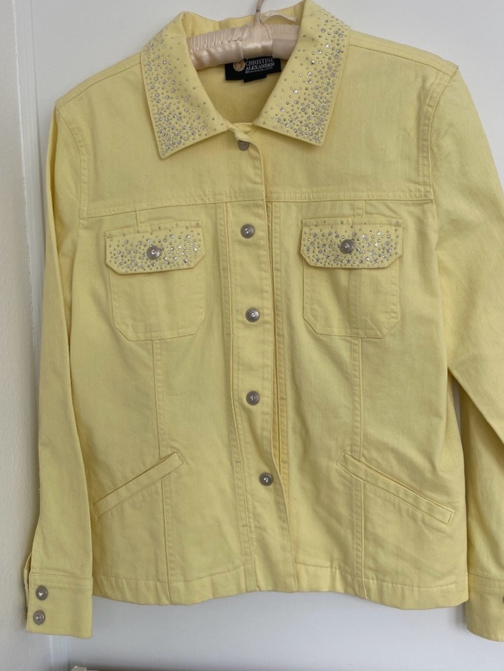 Christine Alexander Pale Yellow Crystal-Embellished Denim Jacket